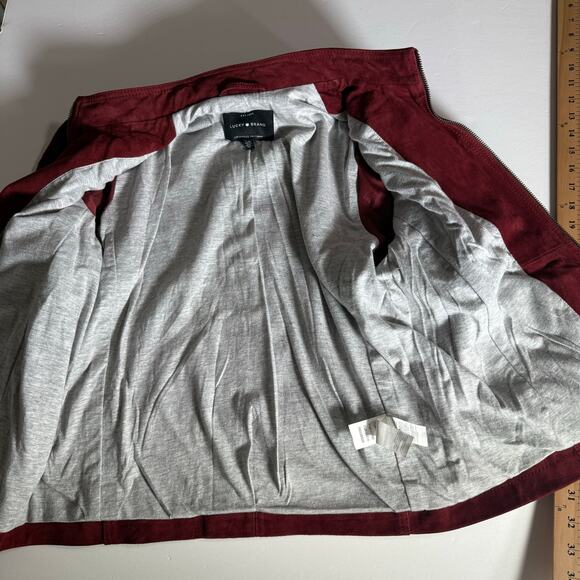 Lucky Brand Suede Leather Jacket Large Burgundy Wine Red Zip Moto Style Women’s - Picture 11 of 14